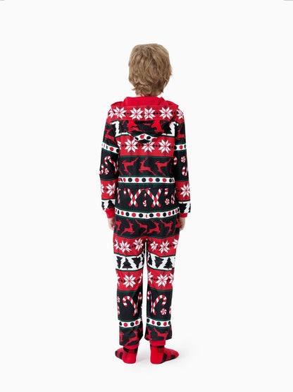 Christmas Pajamas 3D Reindeer Pattern Zipper Hooded Onesies Matching Family Outfits red/black
