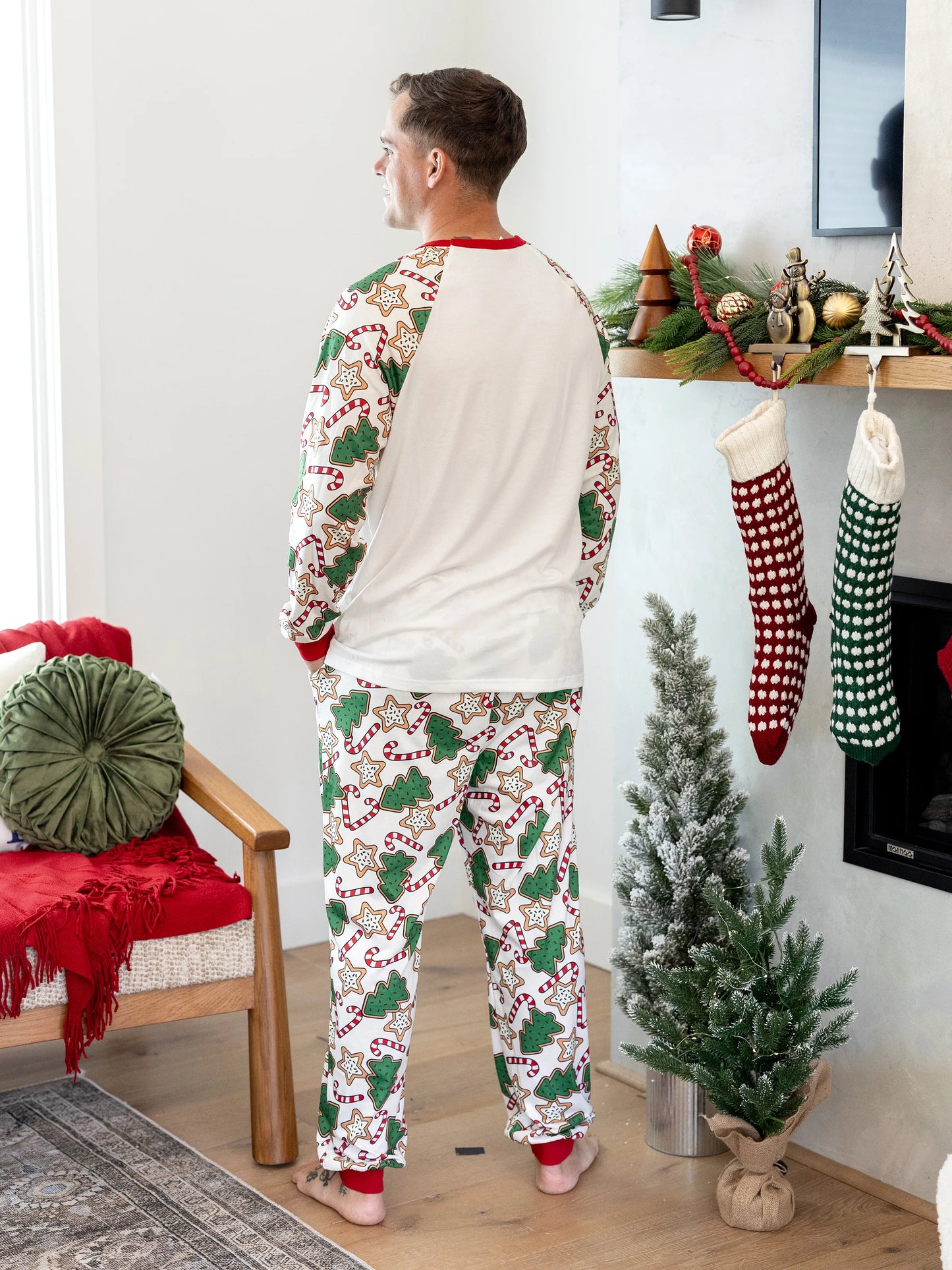 Christmas Matching Family Pajamas Set Christmas Tree Print Red and Apricot PJS with Christmas Socks Apricot