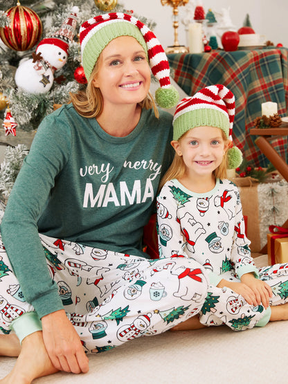 Conjunto de Pijamas de Natal em Família com Mangas Longas – T-Shirts Verdes Muito Felizes e Calças com Padrão, Inclui Meias de Natal – Verde Primavera Médio