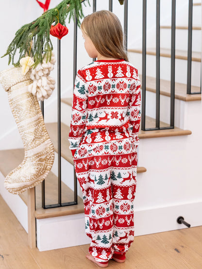 Christmas Matching Family Pajamas Set Reindeer and Snowman Print Red Long-sleeve PJS with Christmas Socks Red