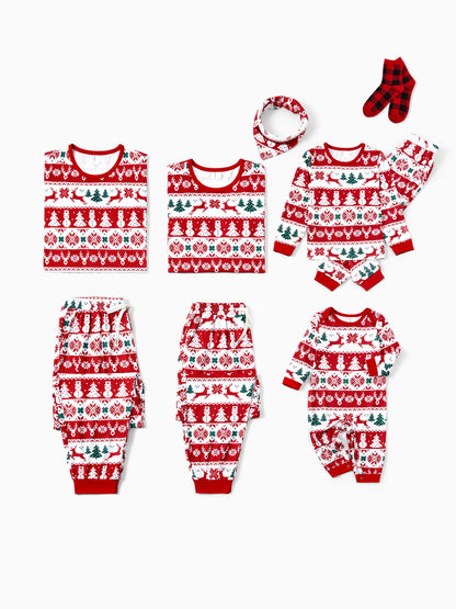 Christmas Matching Family Pajamas Set Reindeer and Snowman Print Red Long-sleeve PJS with Christmas Socks Red