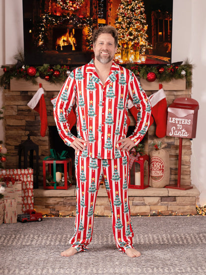 Christmas Family Matching Trees Print Stripes Long-sleeve Pajamas Sets with Christmas Socks Red
