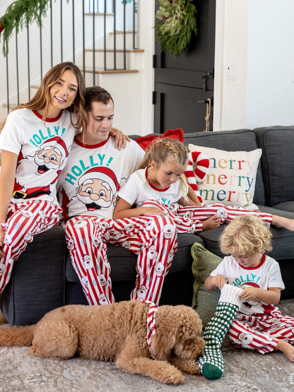 Conjunto de Pijamas de Natal em Conjunto para a Família - Pai Natal e Flocos de Neve em Riscas Vermelhas