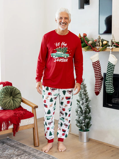 Conjunto de Pijamas de Natal Coordenados para a Família - Padrão de Rena e Carro com Meias de Natal Vermelhas