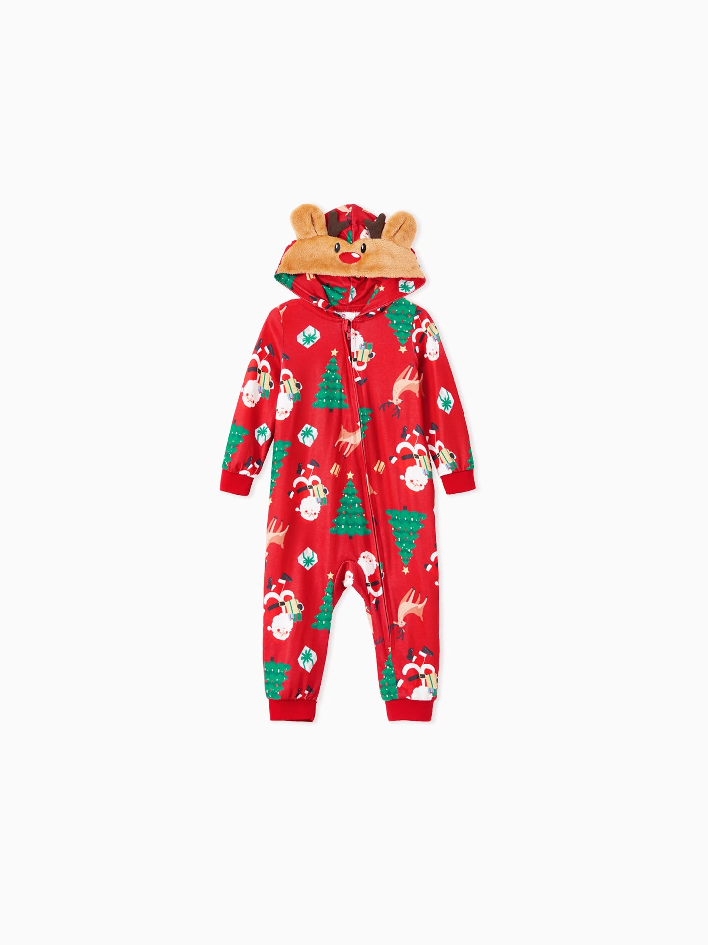 Christmas Family Pajamas Sets 3D Reindeer Hooded Allover Print Onesies with Christmas Socks Red-2
