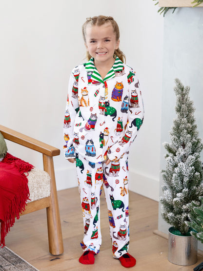 Conjunto de Pijamas de Natal para a Família com Estampa de Gato de Natal e Meias de Natal Multicoloridas