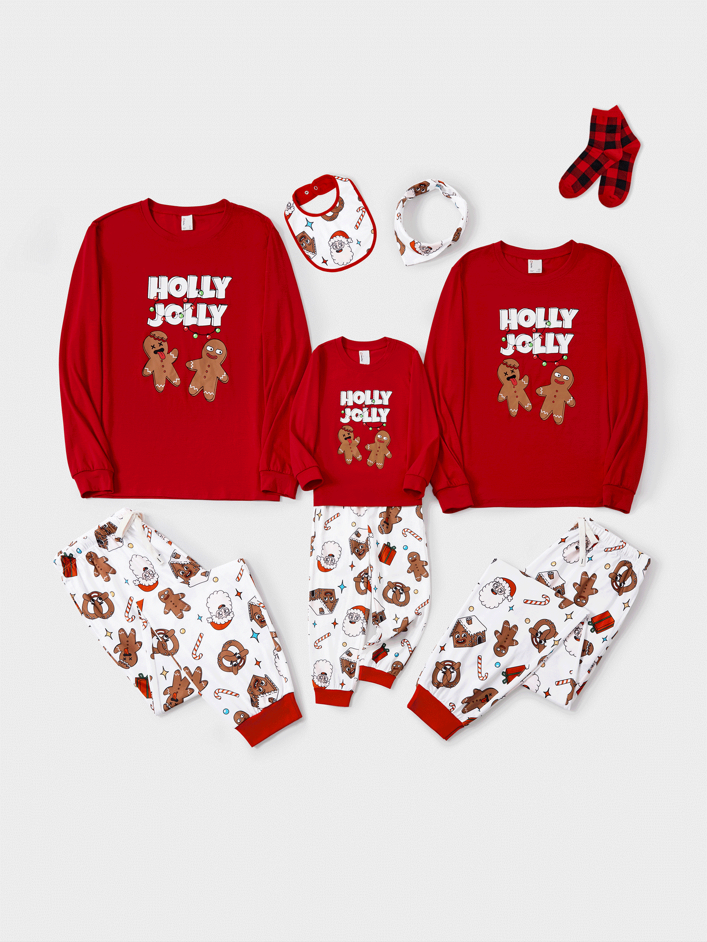 Christmas Matching Family Pajamas Set Glow in the Dark Gingerbread and Santa PJS with Christmas Socks Red