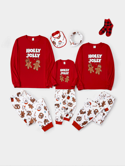 Christmas Matching Family Pajamas Set Glow in the Dark Gingerbread and Santa PJS with Christmas Socks Red
