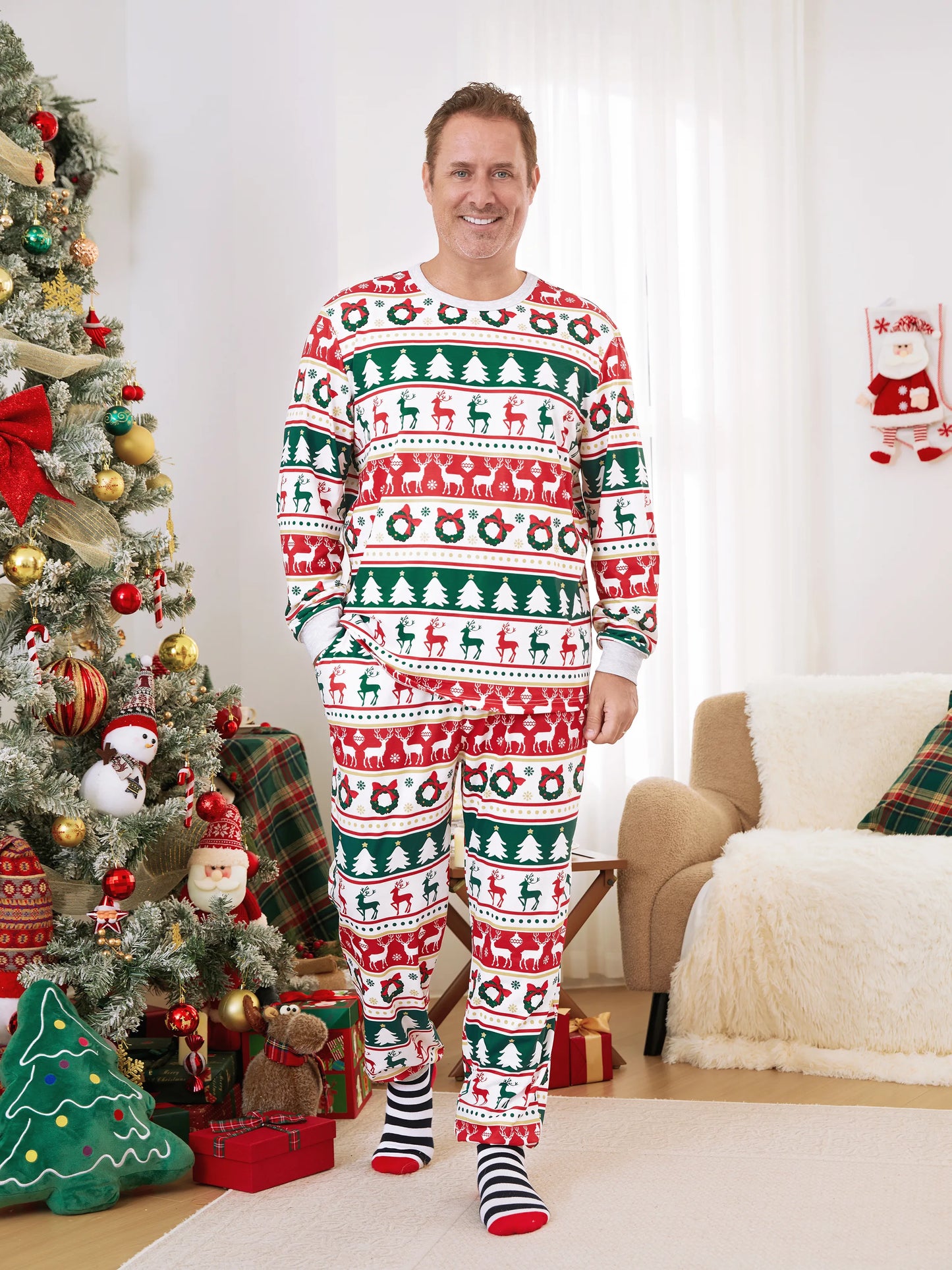 Christmas Pajamas Family Matching Allover Reindeer/Xmas Tree Pattern PJs Sets with Christmas Socks ColorBlock