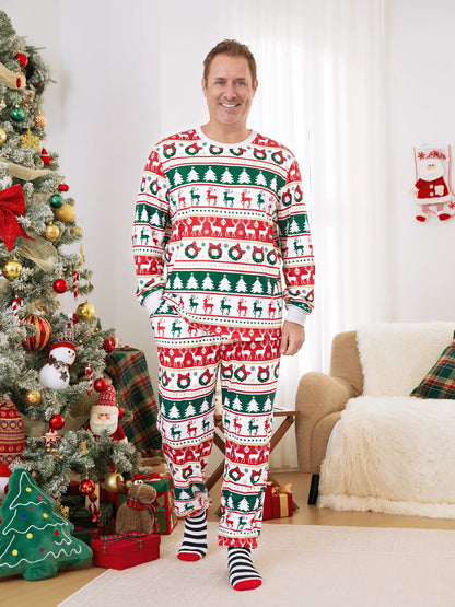 Christmas Pajamas Family Matching Allover Reindeer/Xmas Tree Pattern PJs Sets with Christmas Socks ColorBlock