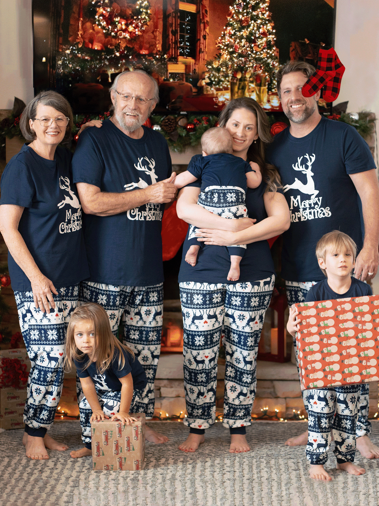 Christmas Reindeer Print Glow in the Dark Family Matching Pajamas Sets with Christmas Socks Deep Blue