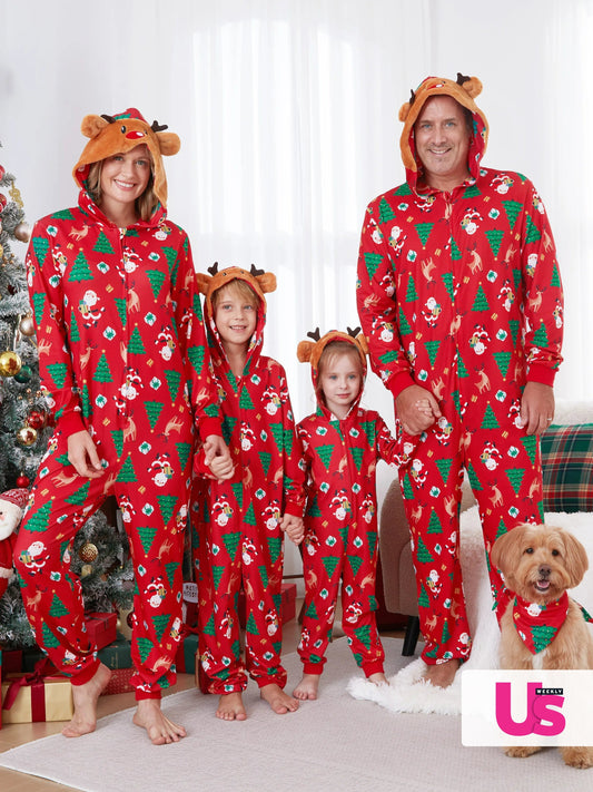 Christmas Family Pajamas Sets 3D Reindeer Hooded Allover Print Onesies with Christmas Socks Red-2