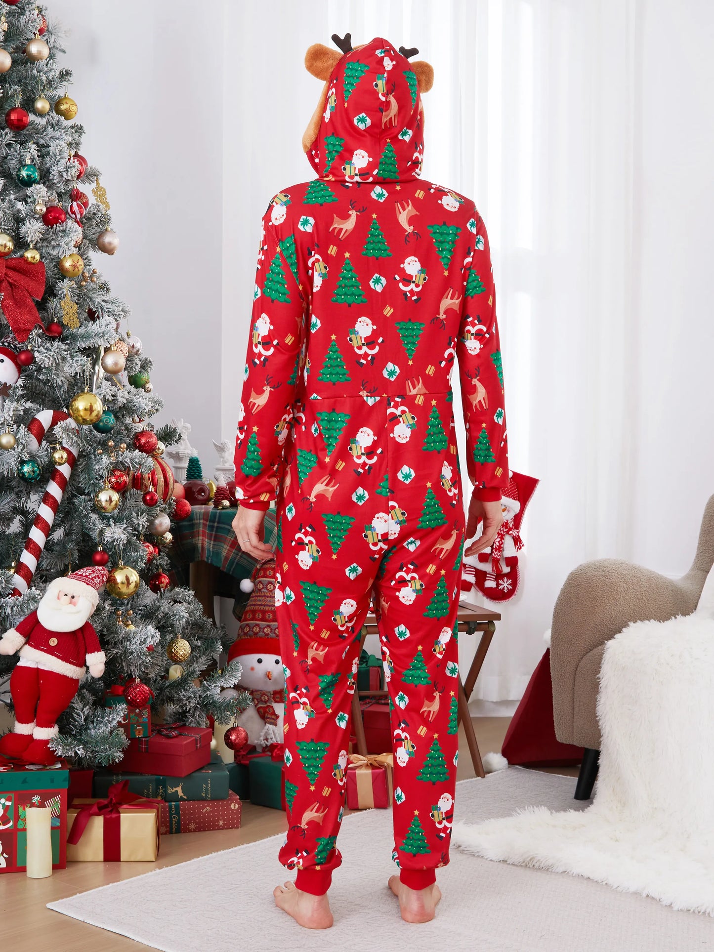 Christmas Family Pajamas Sets 3D Reindeer Hooded Allover Print Onesies with Christmas Socks Red-2