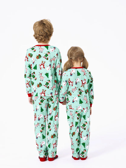 Christmas Matching Family Pajamas Set Reindeer Christmas-themed Print PJS with Christmas Socks Pale Green