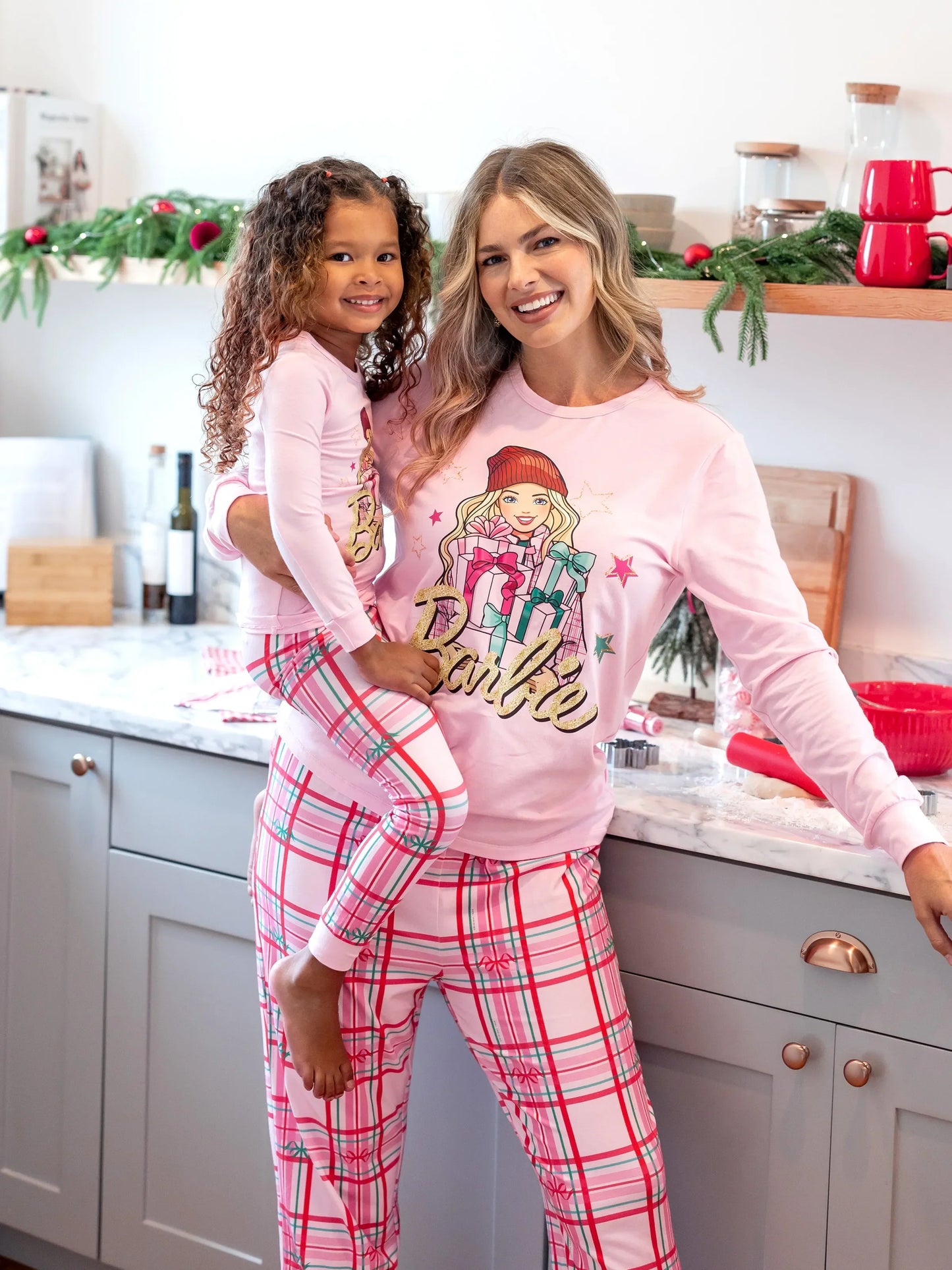 Conjunto de Pijamas Ajustados em Algodão Orgânico Rosa Barbie Christmas Mommy