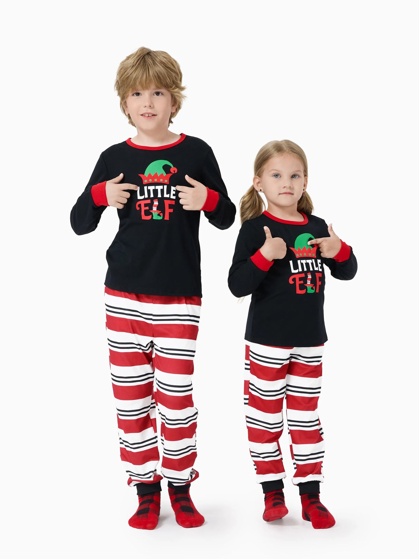 Christmas Matching Family Pajamas Set Elf Print PJS with Christmas Socks Black