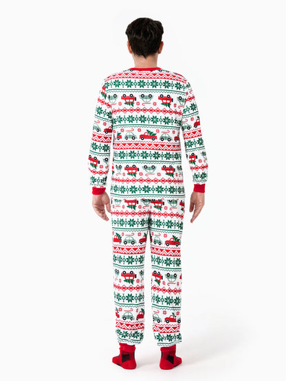 Christmas Matching Family Pajamas Set Snowflake and Car Print PJS with Christmas Socks Red