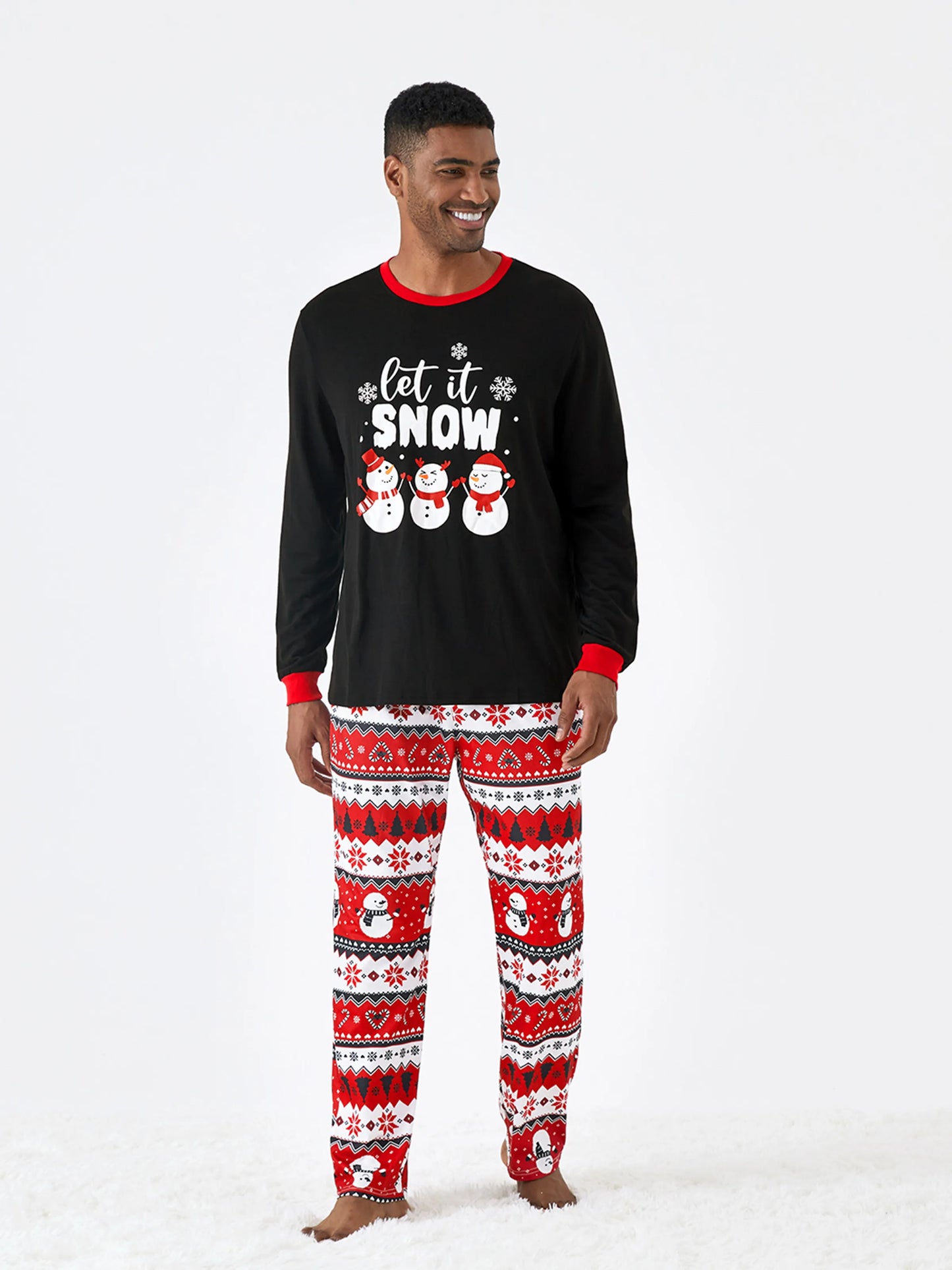 Christmas Family Pajamas Set Snowman Print Long-sleeve PJS with Christmas Socks Black