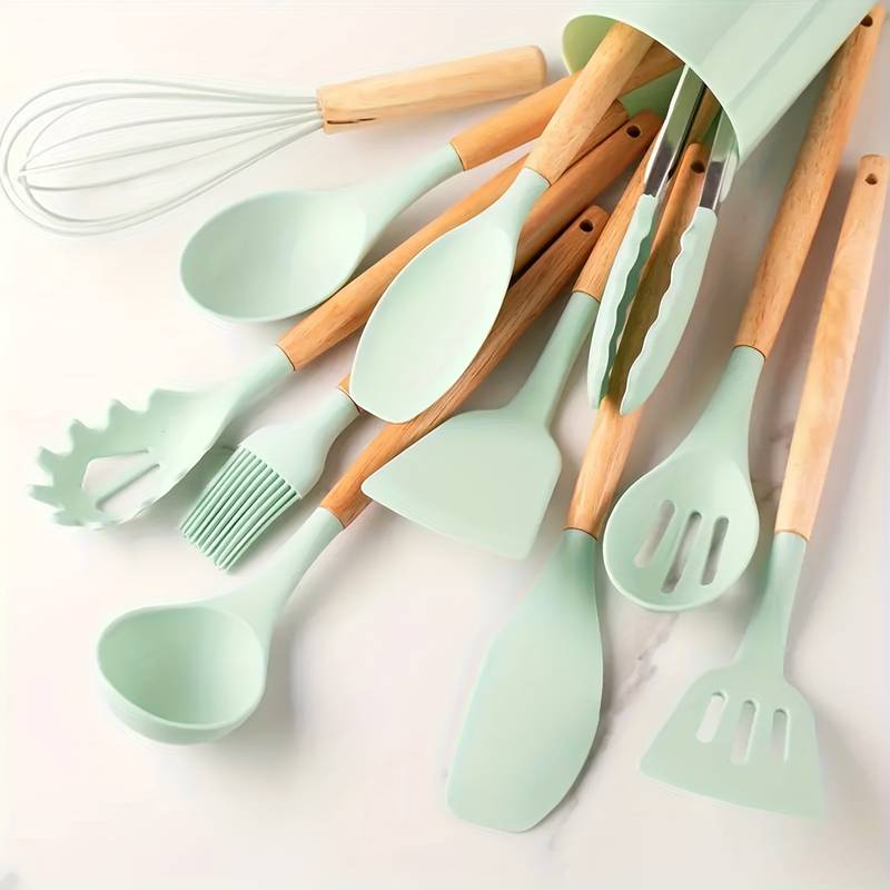 Conjunto Minimalista de Utensílios de Silicone e Madeira – 12 Peças