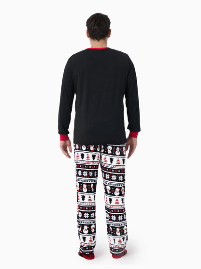 Christmas Matching Family Pajamas Set Snowman and Christmas Tree Print Black PJS with Christmas Socks Black