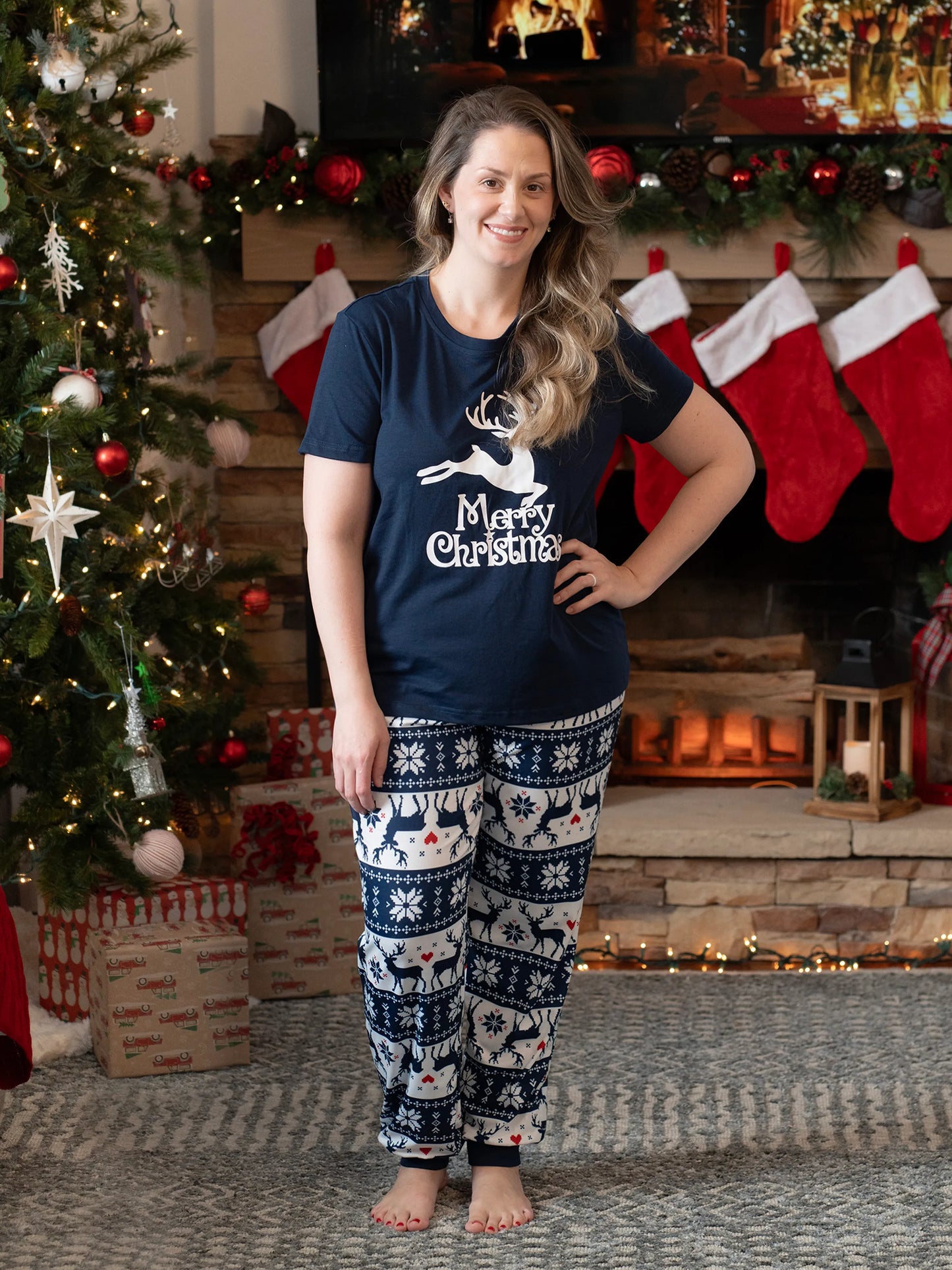 Christmas Reindeer Print Glow in the Dark Family Matching Pajamas Sets with Christmas Socks Deep Blue
