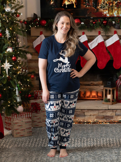 Christmas Reindeer Print Glow in the Dark Family Matching Pajamas Sets with Christmas Socks Deep Blue