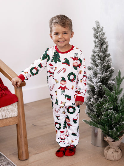 Christmas Matching Family Pajamas Set Santa Claus and Christmas Tree Print Long-sleeve PJS with Christmas Socks White