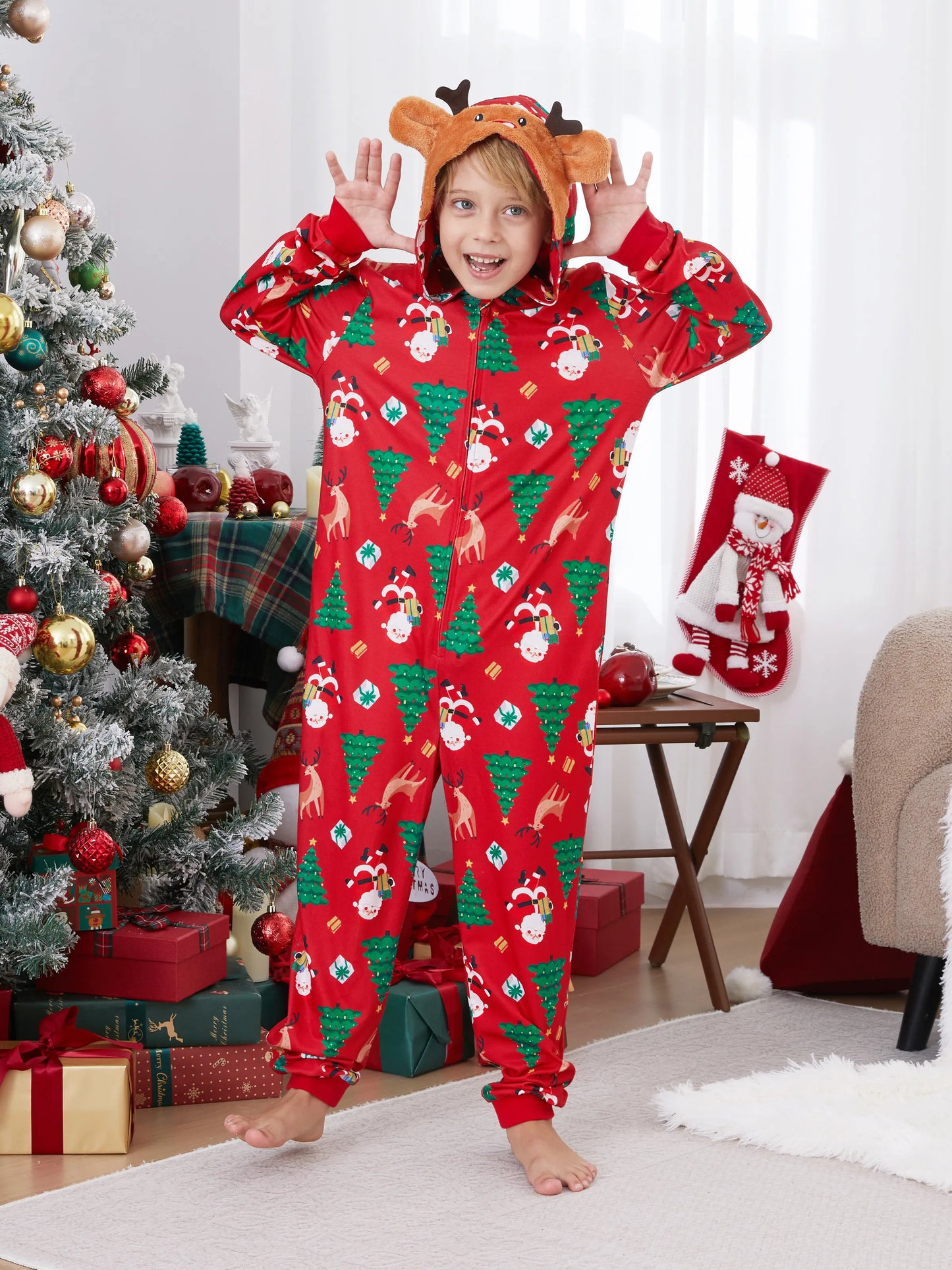 Christmas Family Pajamas Sets 3D Reindeer Hooded Allover Print Onesies with Christmas Socks Red-2