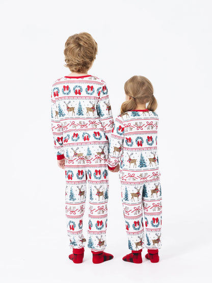 Christmas Matching Family Pajamas Set Christmas Elk and Bell Print Striped PJS with Christmas Socks White