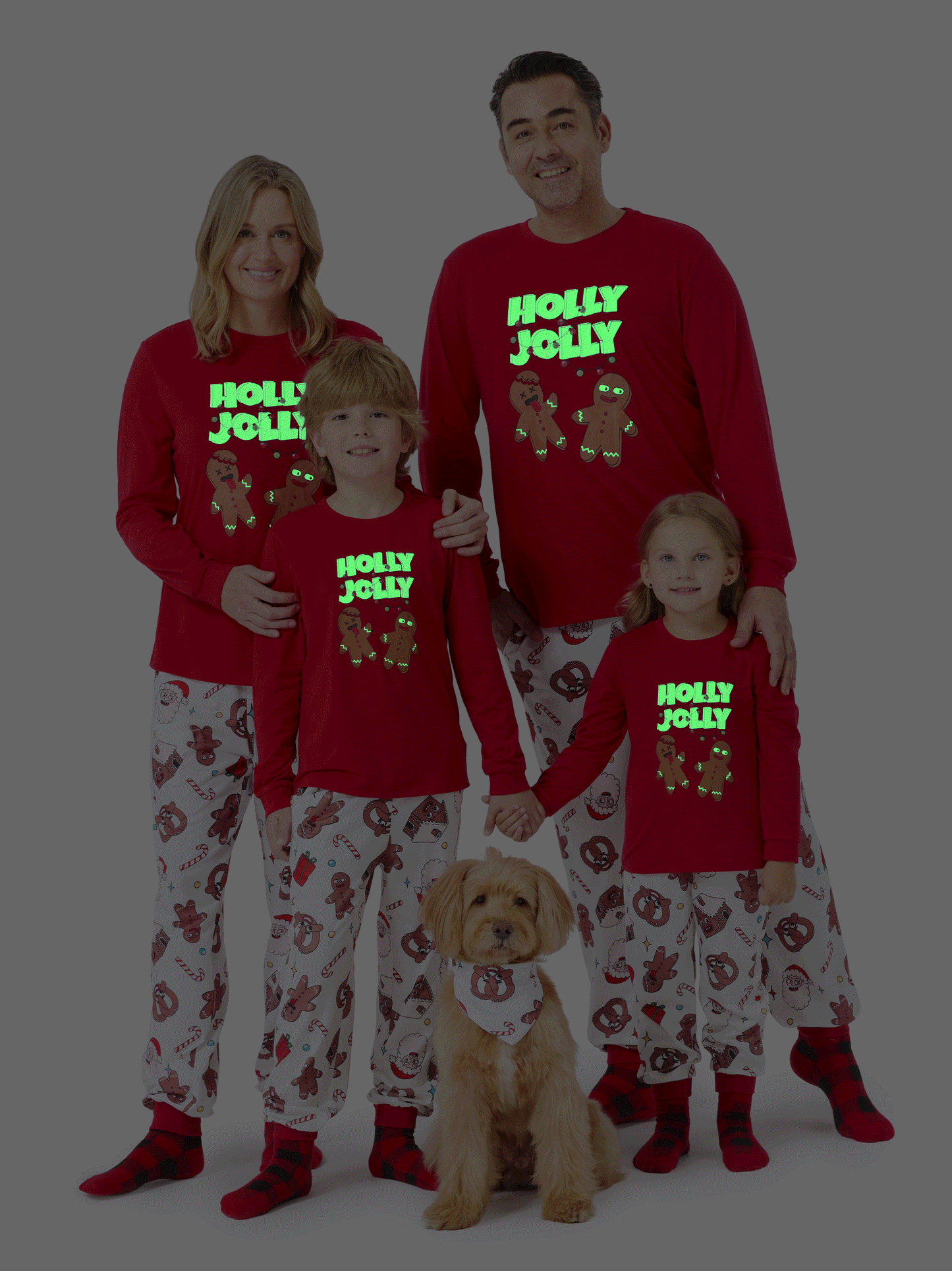 Christmas Matching Family Pajamas Set Glow in the Dark Gingerbread and Santa PJS with Christmas Socks Red