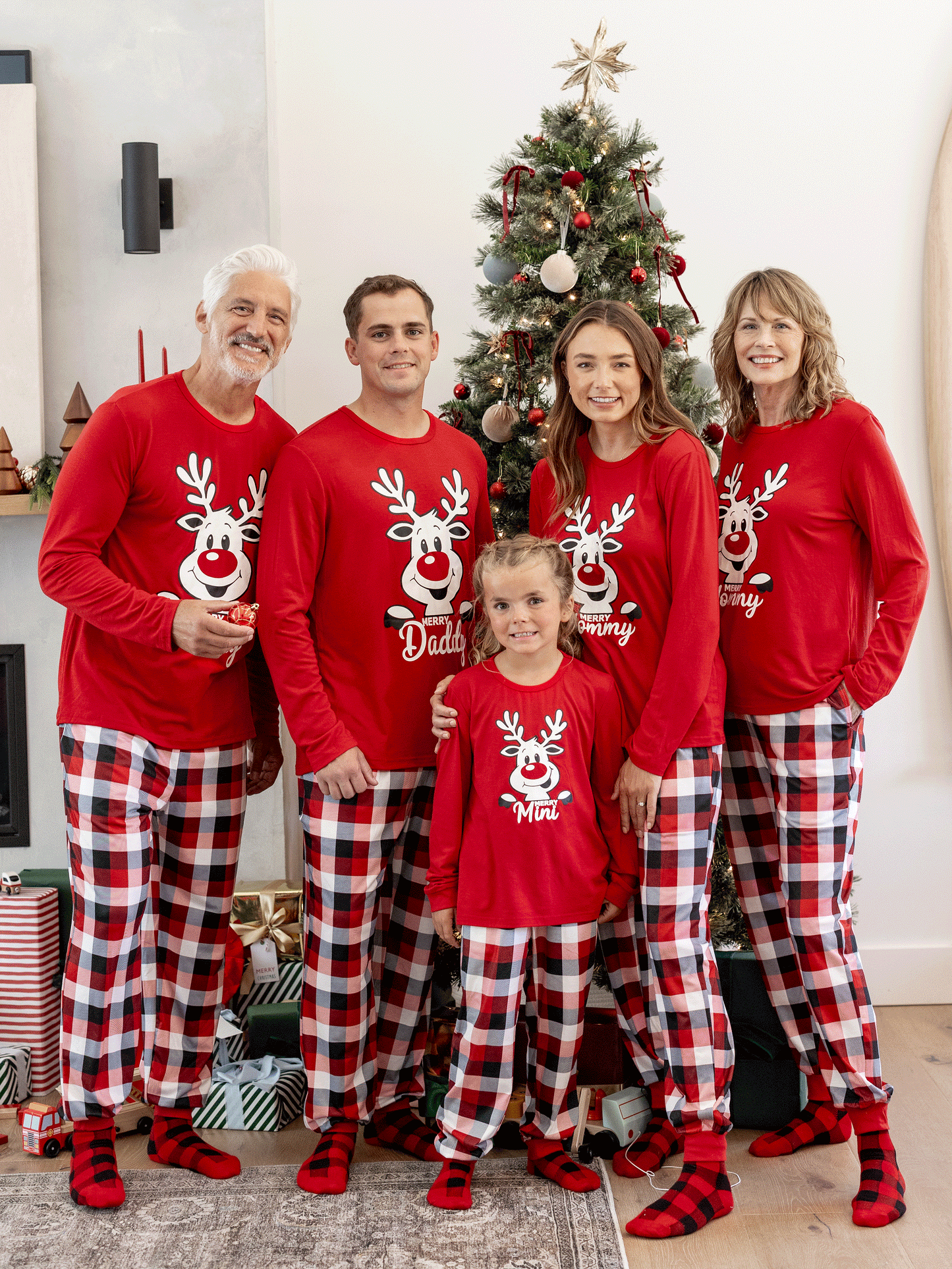 Christmas Matching Family Pajamas Set Glow In The Dark Reindeer Print PJS with Christmas Socks Red