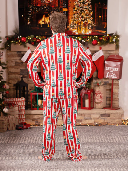 Christmas Family Matching Trees Print Stripes Long-sleeve Pajamas Sets with Christmas Socks Red