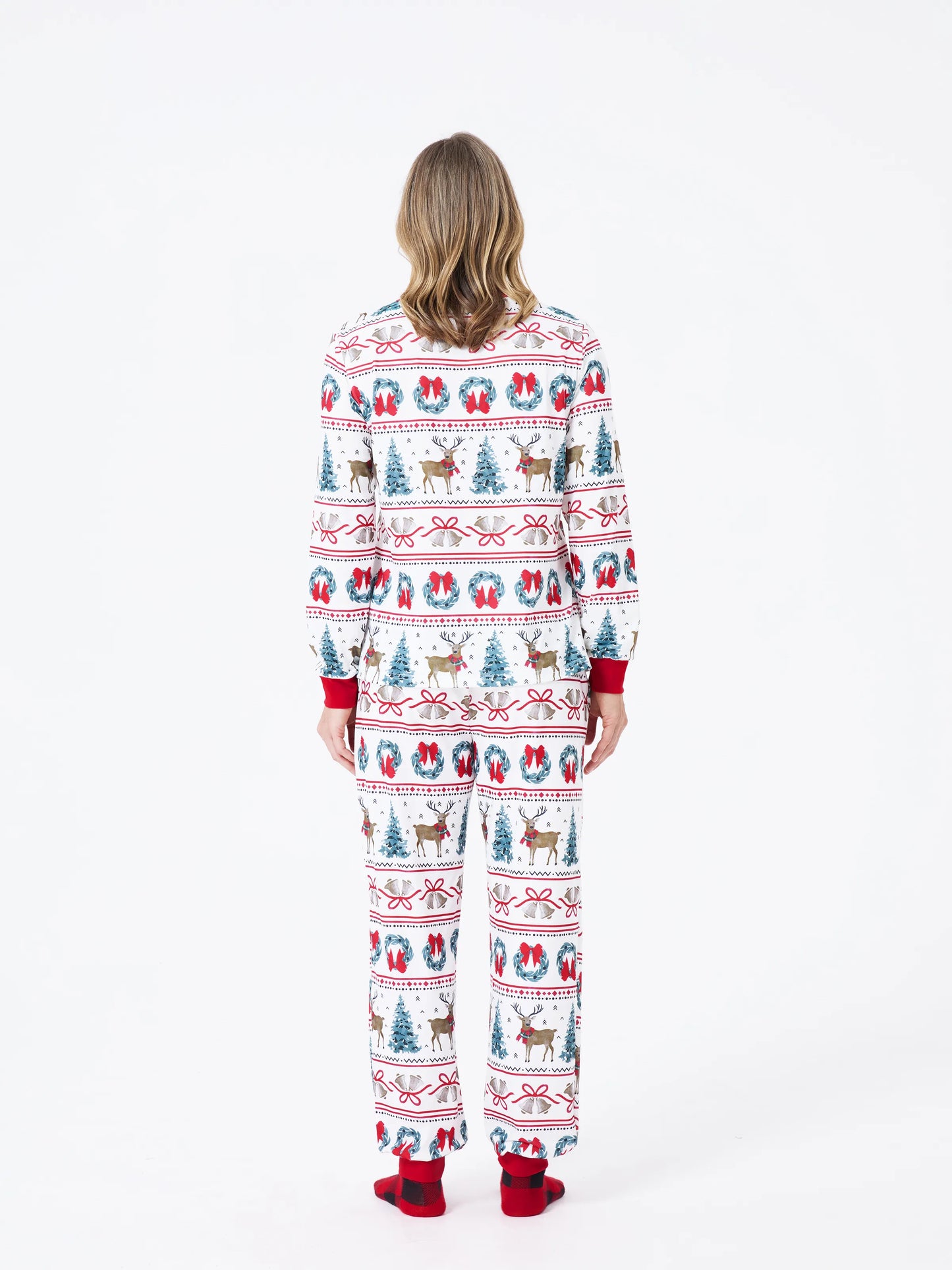 Christmas Matching Family Pajamas Set Christmas Elk and Bell Print Striped PJS with Christmas Socks White