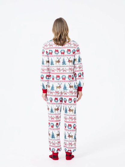 Christmas Matching Family Pajamas Set Christmas Elk and Bell Print Striped PJS with Christmas Socks White