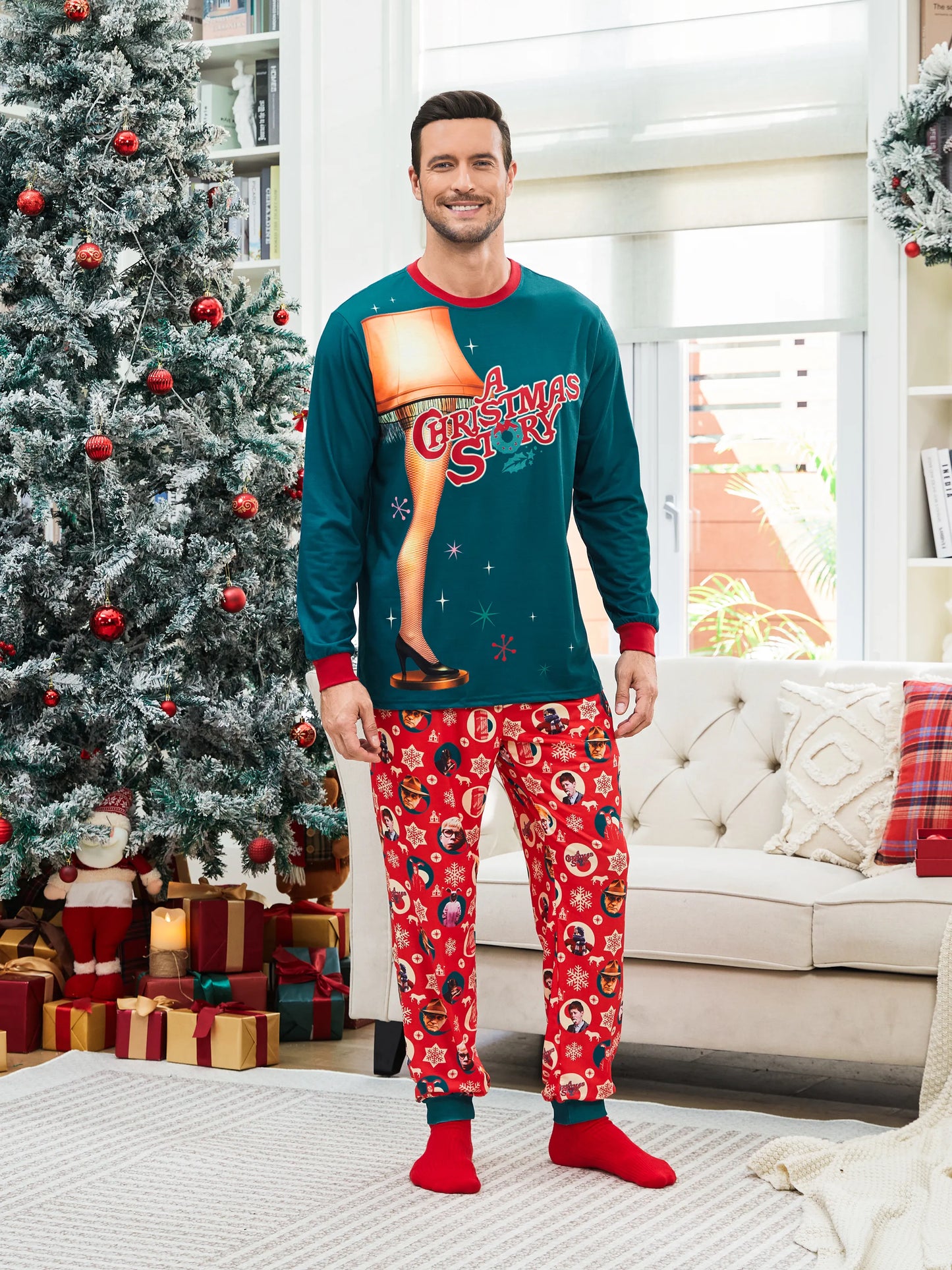 Conjunto de Pijamas Gráficos "A História de Natal" com Meias de Natal em Conjunto de Famílias Matching.