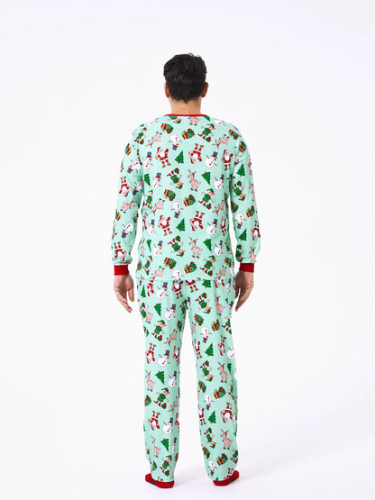 Christmas Matching Family Pajamas Set Reindeer Christmas-themed Print PJS with Christmas Socks Pale Green
