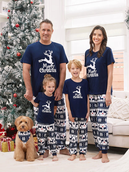Christmas Reindeer Print Glow in the Dark Family Matching Pajamas Sets with Christmas Socks Deep Blue