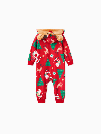 Christmas Family Pajamas Sets 3D Reindeer Hooded Allover Print Onesies with Christmas Socks Red-2