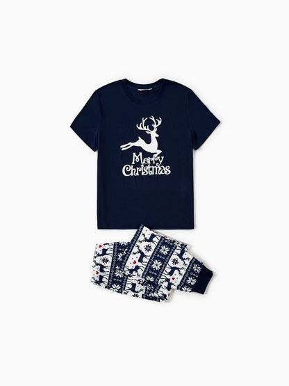 Christmas Reindeer Print Glow in the Dark Family Matching Pajamas Sets with Christmas Socks Deep Blue
