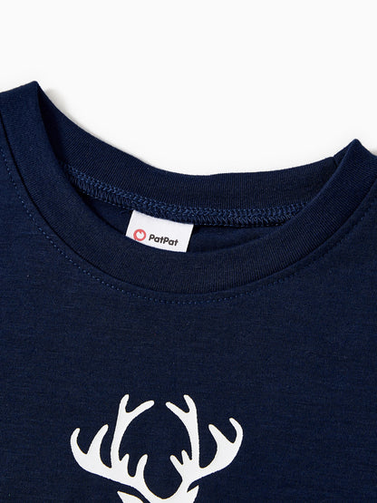 Christmas Reindeer Print Glow in the Dark Family Matching Pajamas Sets with Christmas Socks Deep Blue