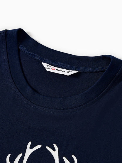 Christmas Reindeer Print Glow in the Dark Family Matching Pajamas Sets with Christmas Socks Deep Blue