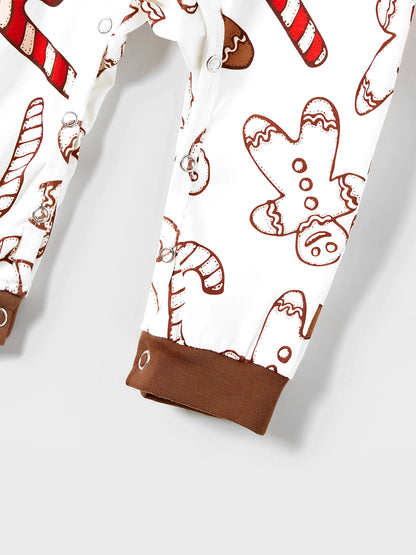 Conjunto de Pijamas de Manga Longa para a Família com Letras e Impressão de Homem de Gengibre, em Cor Caqui, Inclui Meias de Natal.