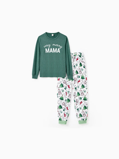 Conjunto de Pijamas de Natal em Família com Mangas Longas – T-Shirts Verdes Muito Felizes e Calças com Padrão, Inclui Meias de Natal – Verde Primavera Médio