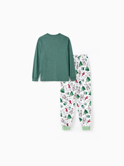 Conjunto de Pijamas de Natal em Família com Mangas Longas – T-Shirts Verdes Muito Felizes e Calças com Padrão, Inclui Meias de Natal – Verde Primavera Médio