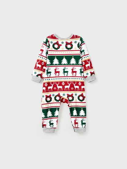 Christmas Pajamas Family Matching Allover Reindeer/Xmas Tree Pattern PJs Sets with Christmas Socks ColorBlock