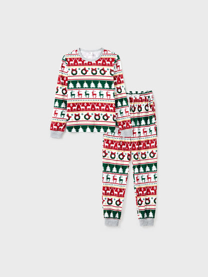 Christmas Pajamas Family Matching Allover Reindeer/Xmas Tree Pattern PJs Sets with Christmas Socks ColorBlock