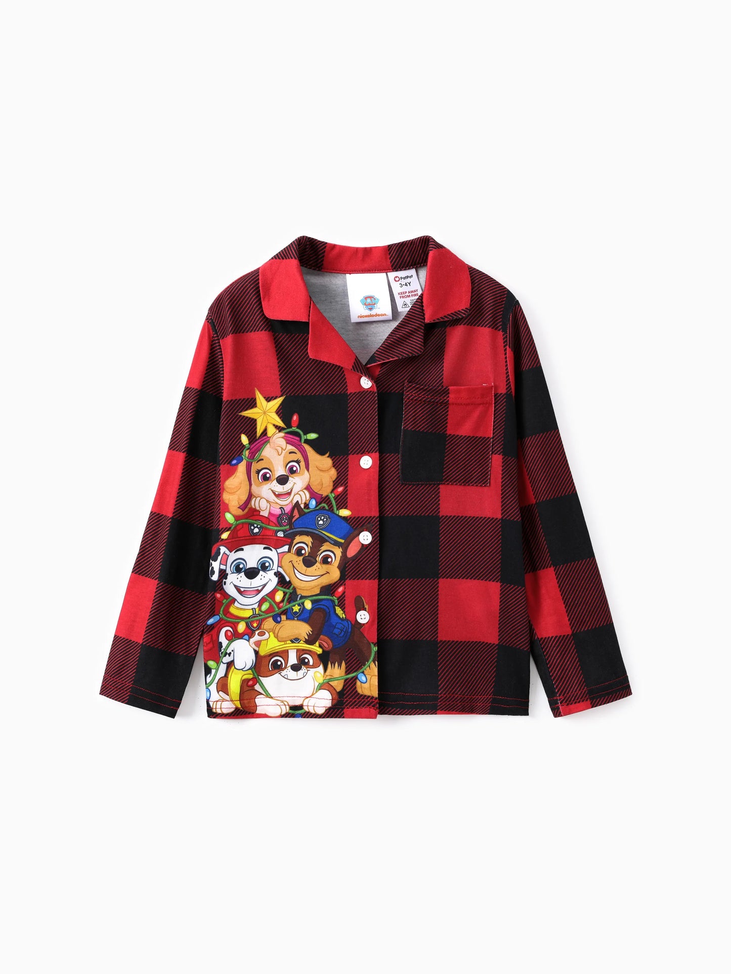 Conjuntos de Pijamas em Vichy Vermelho da PAW Patrol para a Família, com Estampas de Chase, Marshall, Skye e Rubble, acompanhados de Meias de Natal.