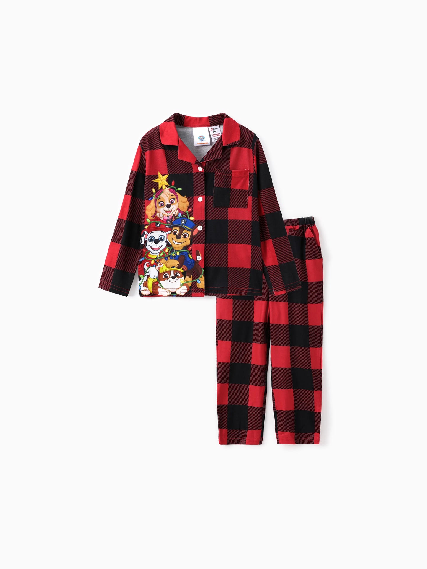 Conjuntos de Pijamas em Vichy Vermelho da PAW Patrol para a Família, com Estampas de Chase, Marshall, Skye e Rubble, acompanhados de Meias de Natal.