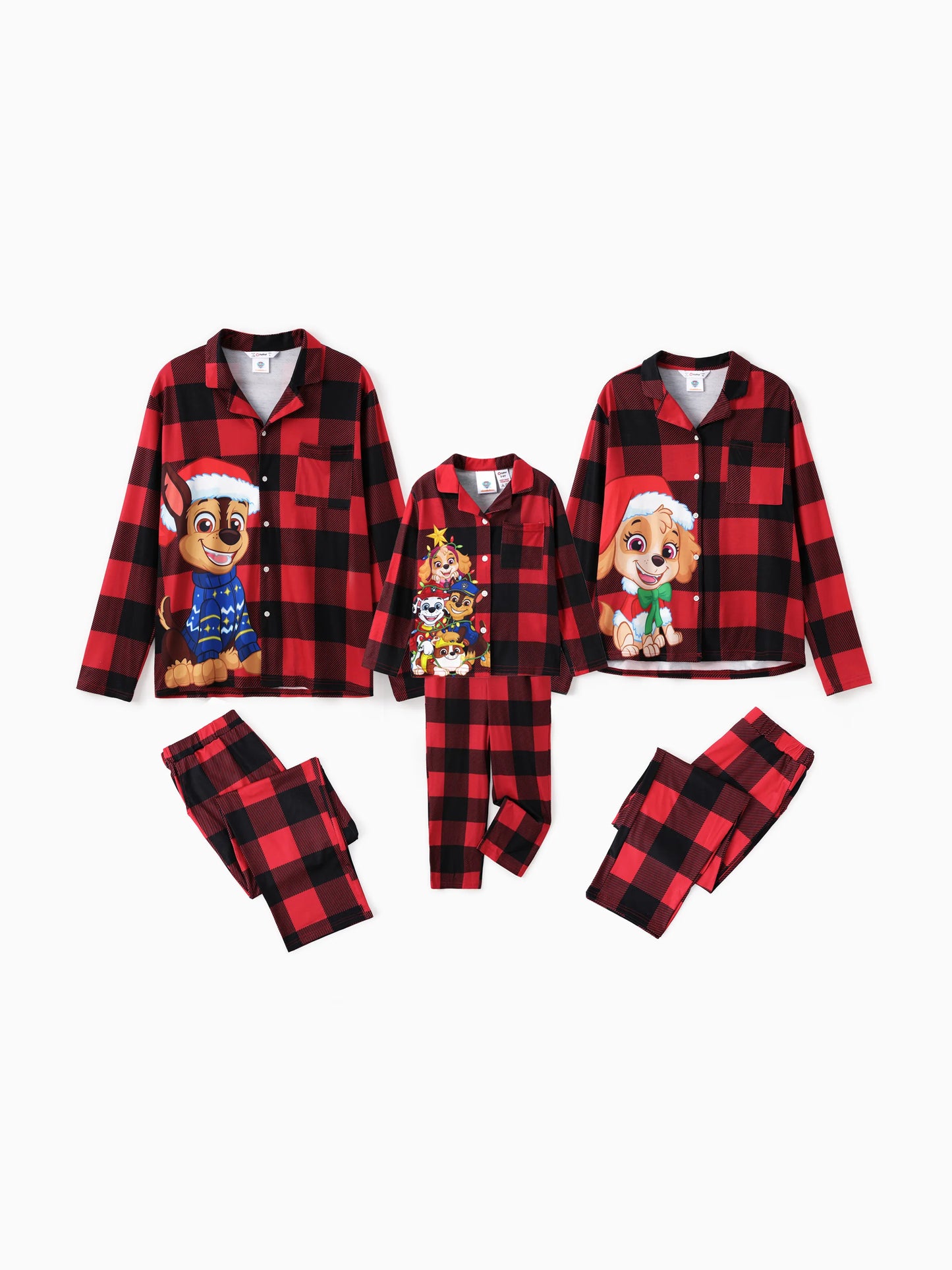 Conjuntos de Pijamas em Vichy Vermelho da PAW Patrol para a Família, com Estampas de Chase, Marshall, Skye e Rubble, acompanhados de Meias de Natal.