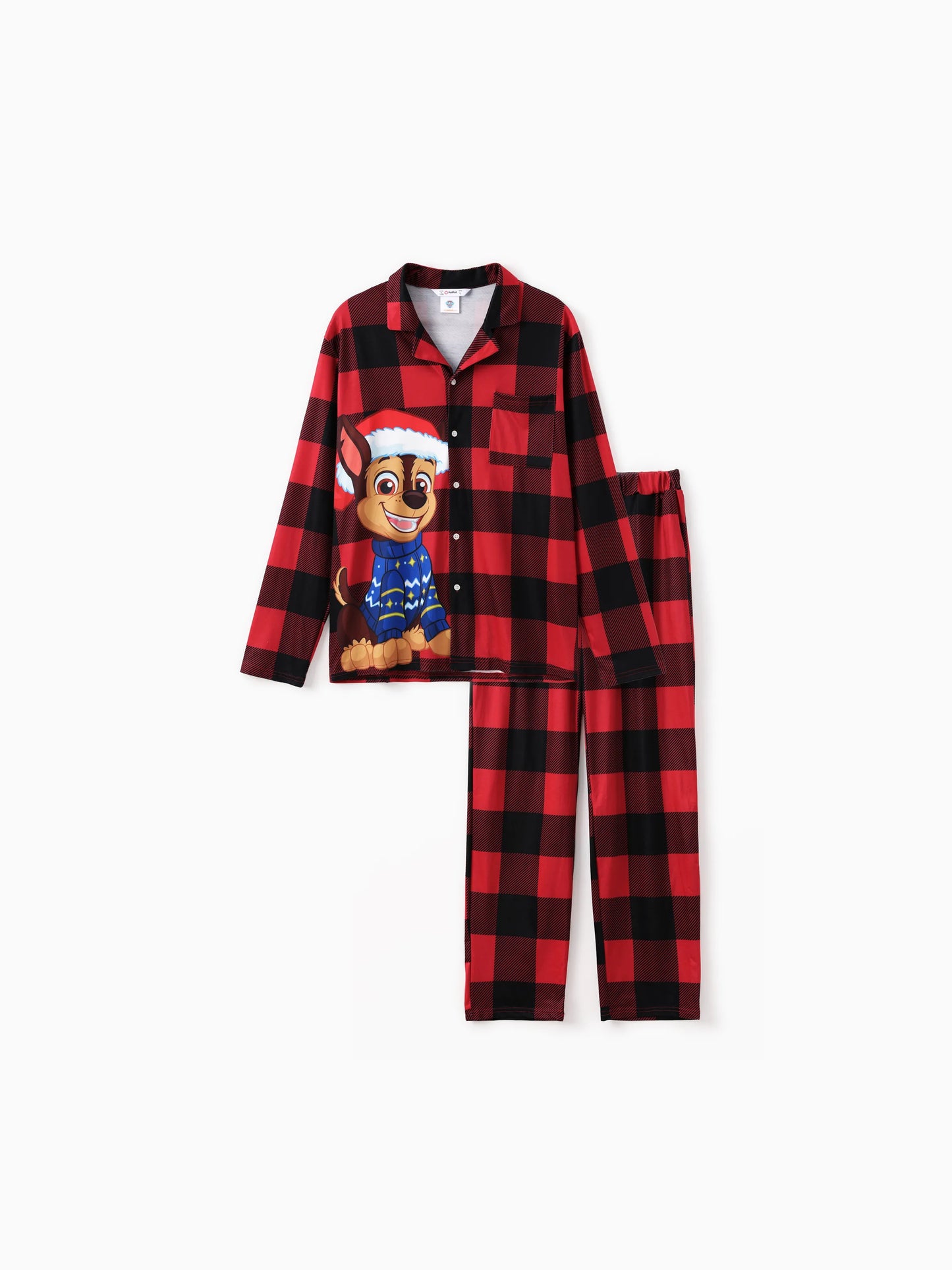 Conjuntos de Pijamas em Vichy Vermelho da PAW Patrol para a Família, com Estampas de Chase, Marshall, Skye e Rubble, acompanhados de Meias de Natal.
